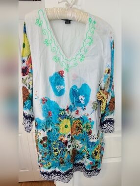 Jackpot Floral Embroidered Cotton Tunic Dress Blue/yellow Size Mama M/L